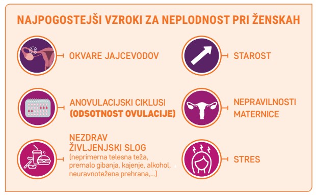 Najpogostejši vzroki za neplodnost pri ženskah : Okvare jajcevodov, Odsotnost ovulacije, Nezdrav življenski slog (neprimerna telesna teža, premalo gibanja, kajenje, alkohol, neuravnotežena prehrana), Starost, Nepravilnosti maternice, Stres