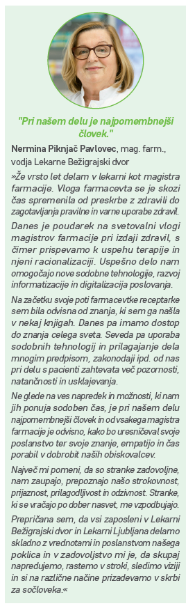 " Pri našem delu je najpomembnejši človek" - Nermina Piknjač Pavlovec, mag.farm., vodja Lekarne Bežigrajski dvor.