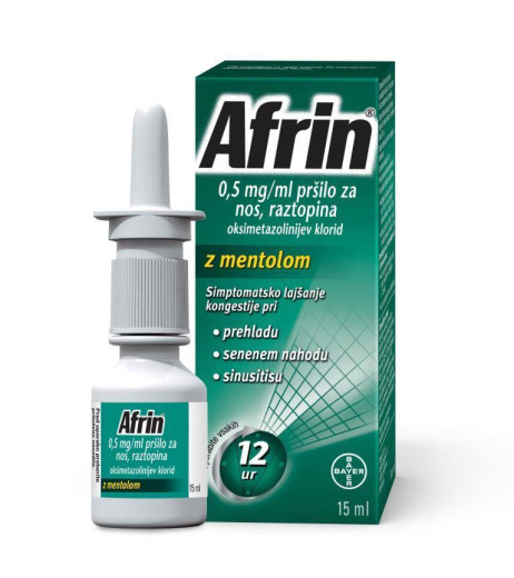 Afrin 0,5 mg/ml, pršilo za nos, raztopina z mentolom, 15 ml Afrin 0,5 mg/ml, pršilo za nos, raztopina z mentolom, 15 ml