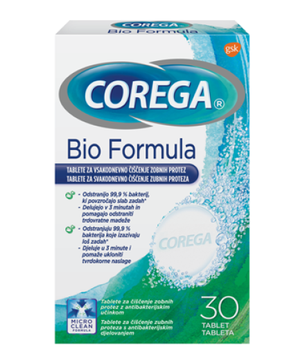 Corega Bio Formula, tablete za čiščenje protez, 30 tablet Corega Bio Formula, tablete za čiščenje protez, 30 tablet
