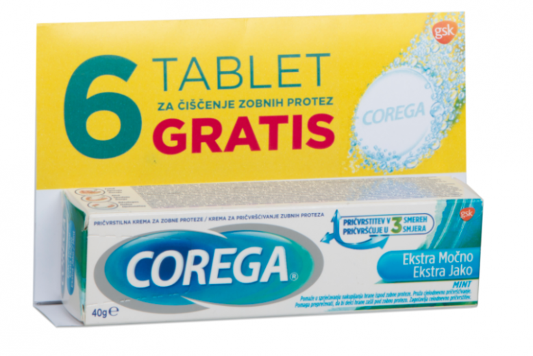 Corega Ekstra Močno, Mint, pričvrstilna krema za zobne proteze, 40 g + GRATIS Tablete za čiščenje proteze, 6 tablet. Corega Ekstra Močno, Mint, pričvrstilna krema za zobne proteze, 40 g + GRATIS Tablete za čiščenje proteze, 6 tablet.
