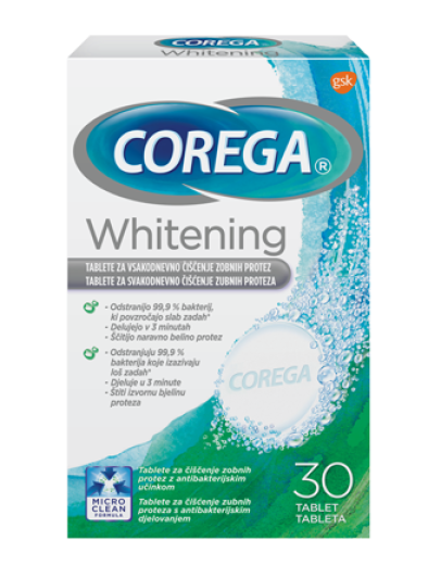 Corega Dental White, tablete za čiščenje protez, 30 tablet Corega Dental White, tablete za čiščenje protez, 30 tablet