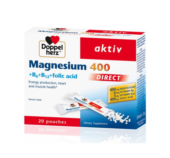 Doppelherz Aktiv Magnezij 400 + B6 + B12 + folna kislina direkt, 20 vrečk Doppelherz Aktiv Magnezij 400 + B6 + B12 + folna kislina direkt, 20 vrečk