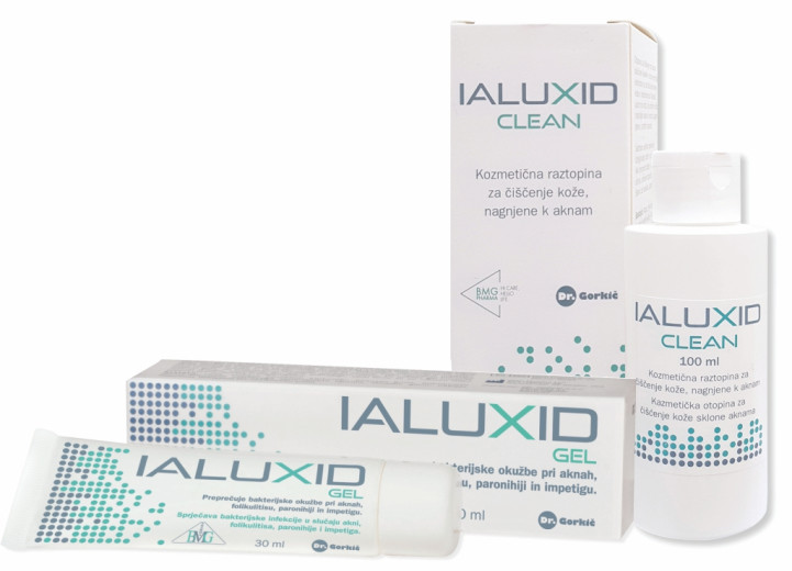 Ialuxid gel, 30 ml + Ialuxid Clean kozmetična raztopina, 100 ml Ialuxid gel, 30 ml + Ialuxid Clean kozmetična raztopina, 100 ml