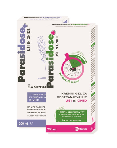 Parasidose, kremni gel za odstranjevanje uši in gnid in šampon z eteričnim oljem sivke, 2 x 200 ml Parasidose, kremni gel za odstranjevanje uši in gnid in šampon z eteričnim oljem sivke, 2 x 200 ml