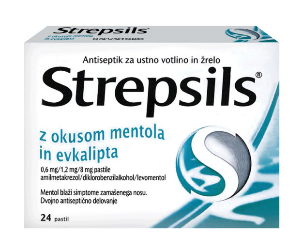 Strepsils 0,6 mg/1,2 mg/8 mg z okusom mentola in evkalipta, 24 pastil