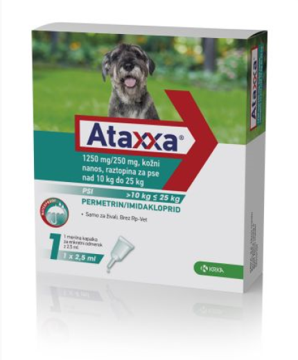 Ataxxa 1250 mg/250 mg, kožni nanos - za pse nad 10 kg do 25 kg, 1 kapalka Ataxxa 1250 mg/250 mg, kožni nanos - za pse nad 10 kg do 25 kg, 1 kapalka