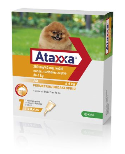 Ataxxa 200 mg/40 mg, kožni nanos - za pse do 4 kg, 1 kapalka Ataxxa 200 mg/40 mg, kožni nanos - za pse do 4 kg, 1 kapalka