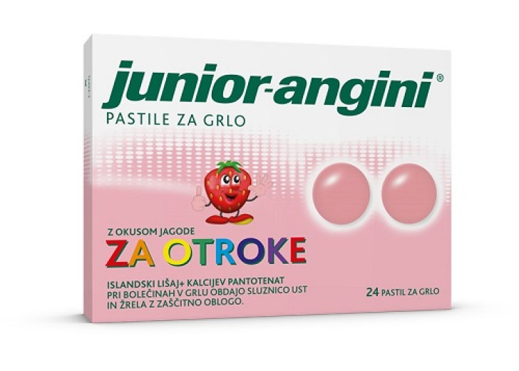 Junior-angini, pastile za otroke z okusom jagode, 24 pastil Junior-angini, pastile za otroke z okusom jagode, 24 pastil