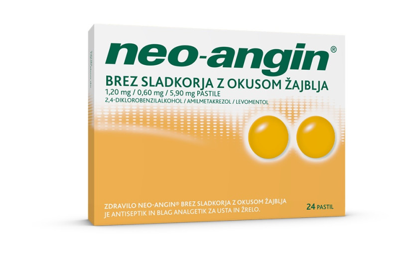 Neo-angin 1,20 mg/0,60 mg/5,90 mg brez sladkorja z okusom žajblja, 24 pastil Neo-angin 1,20 mg/0,60 mg/5,90 mg brez sladkorja z okusom žajblja, 24 pastil