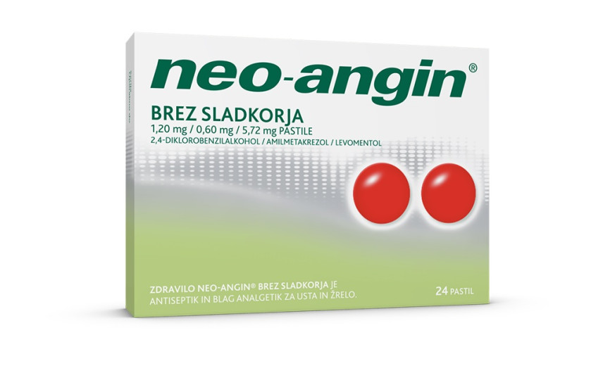 Neo-angin 1,20 mg/0,60 mg/5,72 mg brez sladkorja, 24 pastil Neo-angin 1,20 mg/0,60 mg/5,72 mg brez sladkorja, 24 pastil
