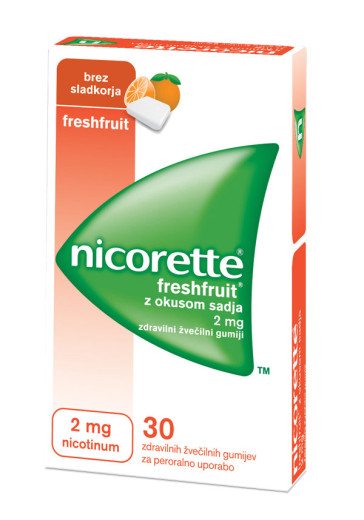 Nicorette Freshfruit 2 mg - z okusom sadja, 30 zdravilnih žvečilnih gumijev