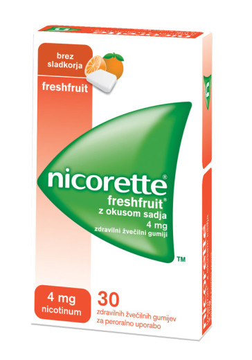 Nicorette Freshfruit 4 mg - z okusom sadja, 30 zdravilnih žvečilnih gumijev Nicorette Freshfruit 4 mg - z okusom sadja, 30 zdravilnih žvečilnih gumijev