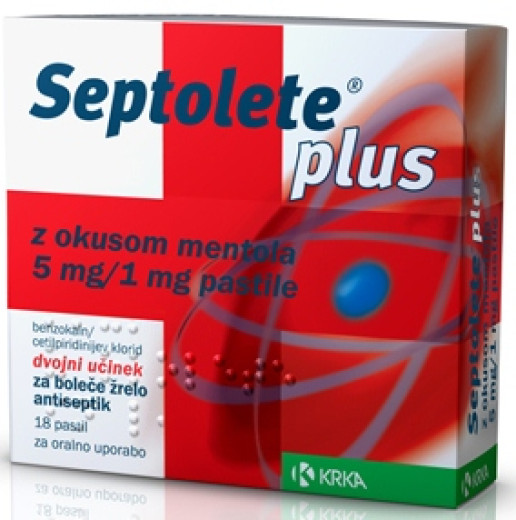 Septolete Plus 5 mg/1 mg z okusom mentola, 18 pastil Septolete Plus 5 mg/1 mg z okusom mentola, 18 pastil