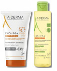 A-Derma Exomega Control emolientna krema za zaščito pred soncem – ZF 50+, 150 ml + A-Derma Exomega Control Emolientno čistilno olje za tuširanje, 150 ml