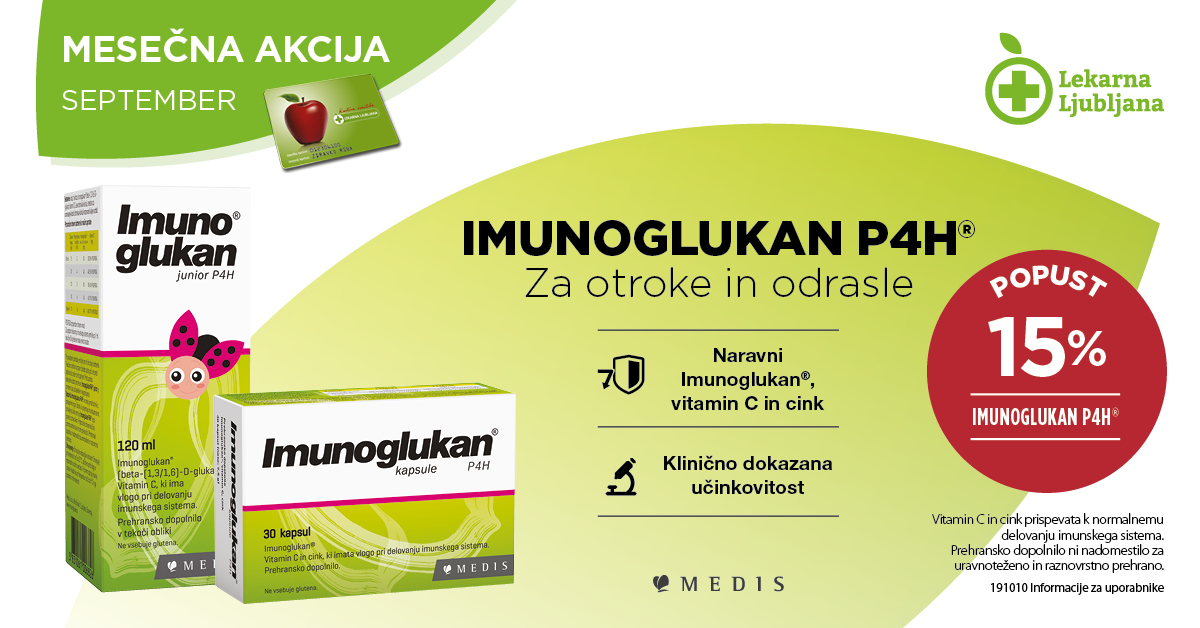 Imunoglukan P4H za otroke in odrasle 15 % ugodneje v mesecu septembr Imunoglukan P4H za otroke in odrasle 15 % ugodneje v mesecu septembr